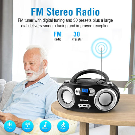 MEGATEK Portable CD Boombox with FM Stereo Radio, Bluetooth, USB Port, and Backl
