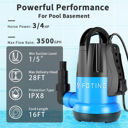 FOTING 3/4HP Automatic Submersible Sump Pump, 3500 GPH Thermoplastic Water Pump with 28 ft Lift & Sensor