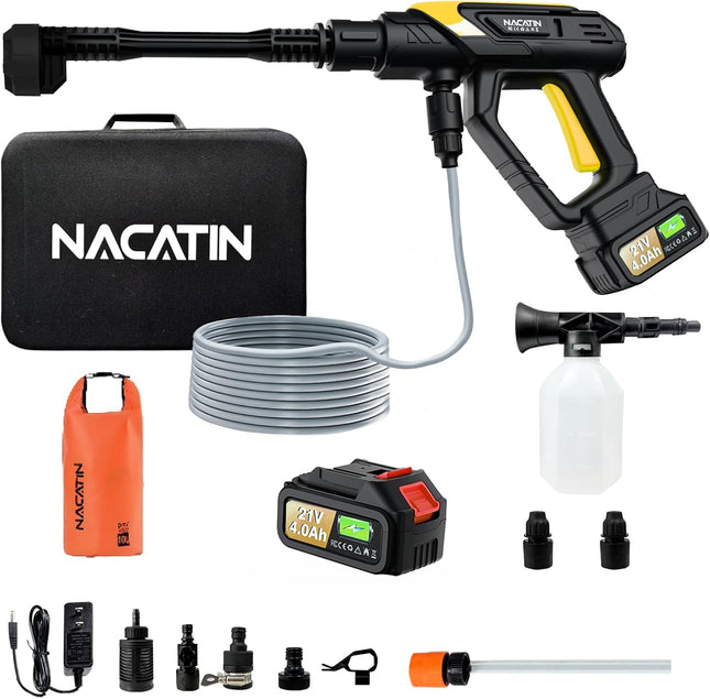 INCOMPLETE NACATIN 1000 PSI Cordless Pressure Washer, 21V 4.0Ah Brushless Cleaner (No Dry Bag, No Garden Connector)