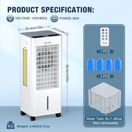 Grelife Portable Evaporative Air Cooler, 3-IN-1 Air Cooler with Fan & Humidifier