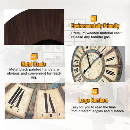 24 Inch Vintage Wall Clock, Roman Numerals Style, Battery Operated, Non-Ticking,