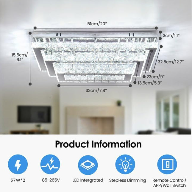 Finktonglan Modern Crystal LED Ceiling Light Fixtures 20” Dimmable Rectangular F
