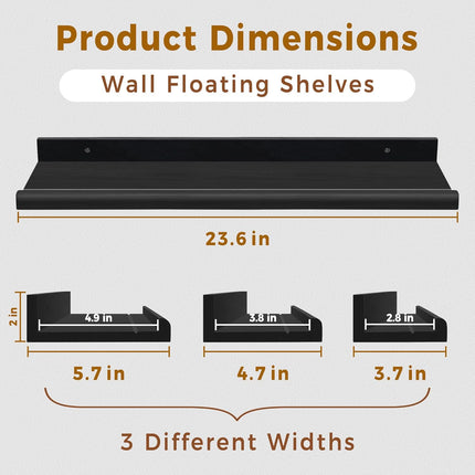 Annecy Floating Shelves Wall Mounted Set of 3, 23.6 Inch Black Rustic Wood Shelv