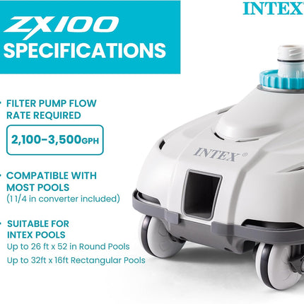 INTEX 28006E ZX100 Pressure-Side Automatic Above Ground Pool Cleaner with 21 ft Hose & Large Debris Tray
