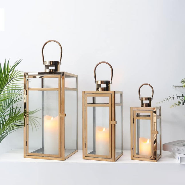 TRIROCKS Set of 3 Stainless Steel Candle Lantern 19'' High Metal Candle Holder w