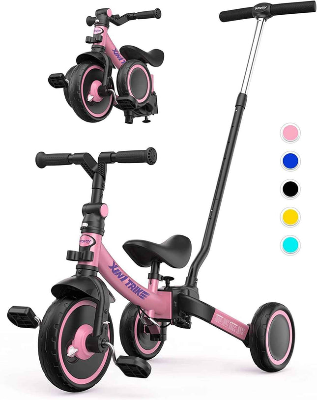 besrey 7-in-1 Toddler Bike with Parent Steering Push Handle for 1-5 Years Old Girls and Boys, Foldable Kids Push Trike, Toddler Tricycle with Removable Pedals, Height Adjustable Seat - Pink