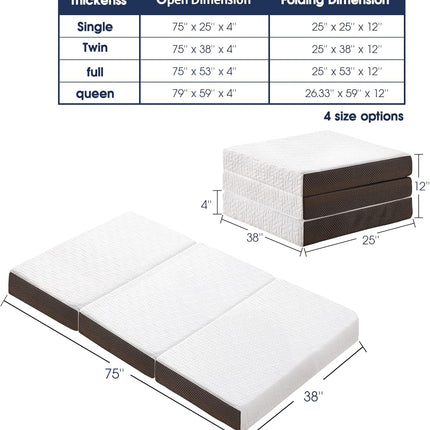 BedLuxury 4 Inch Tri Folding Mattress Twin Size with Storage Bag, Foldable Memor