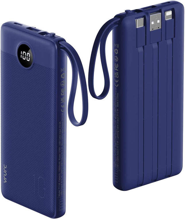 VRURC Portable Charger Buile-in 4 Cables 10000mAh, SlimPower Bank, 5 Output 2 In