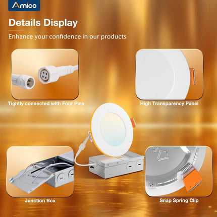 Amico 12 Pack 4 Inch 5CCT Recessed Pot Light with Night Light, 2700K/3000K/3500K