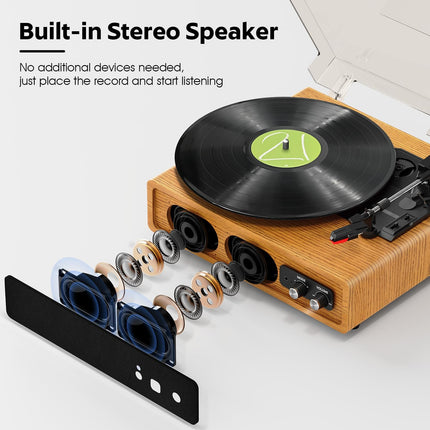 Record Player, FYDEE Vinyl Record Player with Built-in 2 Stereo Speakers, 3-Spee