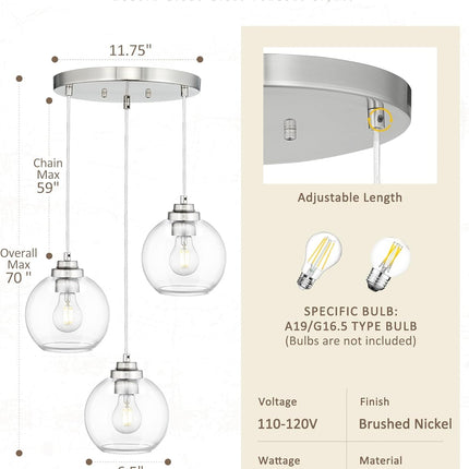 JAZAVA Globe Cluster Pendant Light, 3-Light Hanging Light Fixture with Brushed N