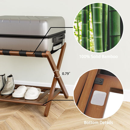 Smart FENDEE Fully Assembled Walnut Luggage Racks Set of 2, 5 Nylon Straps Foldi