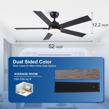52 Inch Ceiling Fans with Lights and Remote, Black Ceiling Fan with 5 Blades, 6
