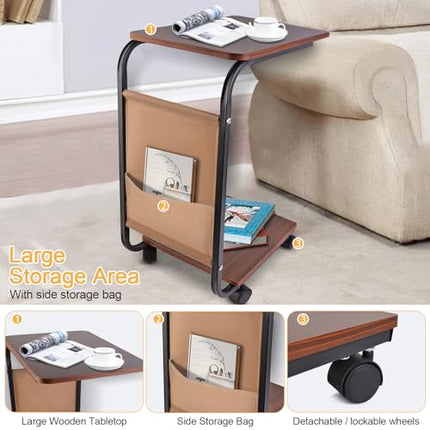 Ditind C Shaped End Table with Rolling Wheels, Small Couch Side Table with Stora