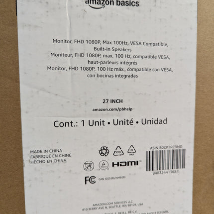 Amazon Basics 27 Inch Monitor, FHD 1080P, Max 100Hz, VESA Compatible, Built-in S