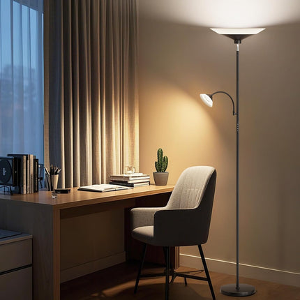SIBRILLE 2-in-1 Torchiere Floor Lamp, 34W Dimmable Modern Standing Lamp with Gooseneck Reading Light & Magnetic Remote