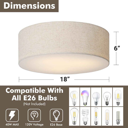(Cracks) CALOKES 18-Inch Large Flush Mount Ceiling Light Fixture with Fabric Sha