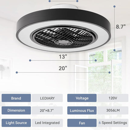 LEDIARY 20 Inch Low Profile Ceiling Fans With Lights, Led Bladeless Ceiling Fan,