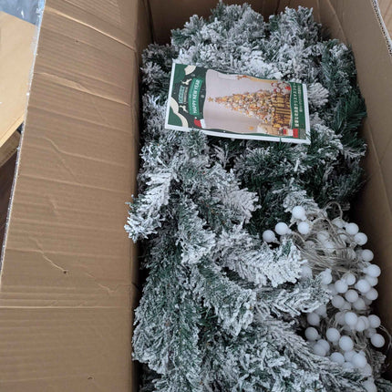 SHareconn 7ft Prelit Snow Flocked Artificial Holiday Christmas Tree with 350 Incandescent Warm White Lights, Foldable Stand, Snow Flocked Full Prelighted Xmas Tree W/1170 Branch Tips, 7.5 FT, White https://a.co/d/0bJx0XVN
