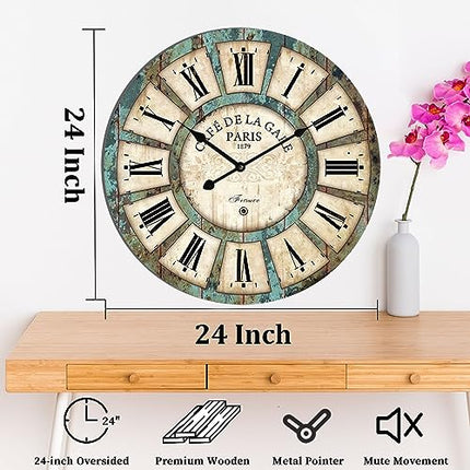 24 Inch Vintage Wall Clock, Roman Numerals Style, Battery Operated, Non-Ticking,