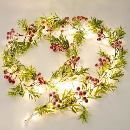 Christmas Garland with Light,Lighted Snowy Red Berries Holly Leaves Garland for