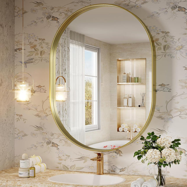 JIINGYO Oval Bathroom Mirror 24 x 32 Inch, Brushed Gold Aluminum Frame, Shatterproof Wall Mirror for Vanity and Entryway