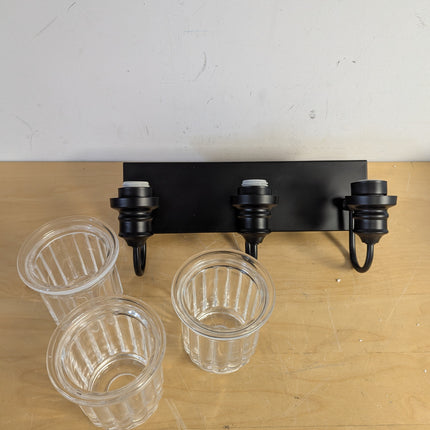 HWH 3-Light Matte Black Bathroom Vanity Light, 18 in Wall Fixture with Fluted Clear Glass Shades, ETL Listed