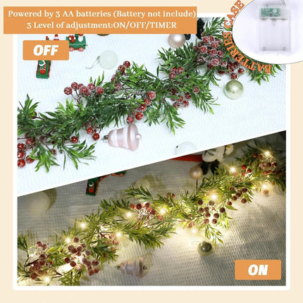 Christmas Garland with Light,Lighted Snowy Red Berries Holly Leaves Garland for