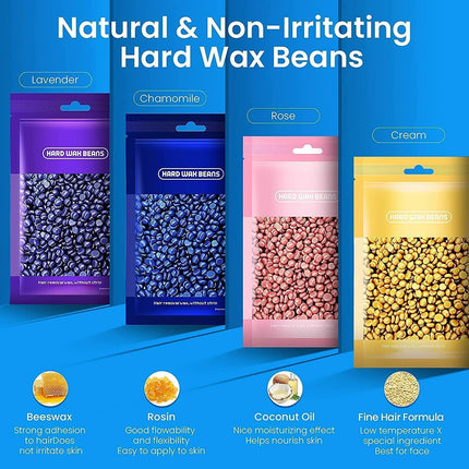Waxing Kits Wax Melt Warmer: Wax Kit with 4*100g Hard Waxing Beans &30Pcs Waxing