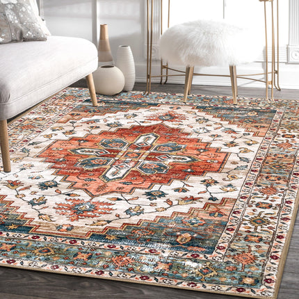 Aopota Washable Area Rug - 8x10, Low Pile, Distressed Boho, Non-Slip, Ultra-Thin
