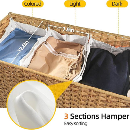 214 L Wicker Laundry Hamper with Lid 3 Section, Extra Large HandWoven Synthetic