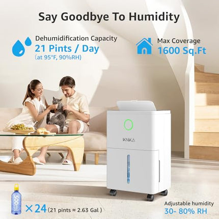 21 Pint Quiet Dehumidifier with Drain Hose, 1300 Sq.ft Dehumidifiers for Home, S