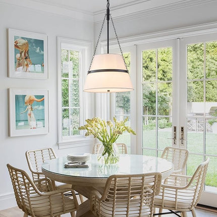 Modern Drum Chandelier for Dining Room 15.35" White Linen Fabric Pendant Light 4