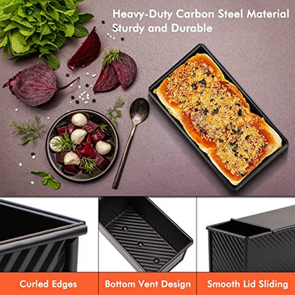 Beasea Pullman Loaf Pan With Lid, 2 Pack Non-Stick Black Carbon Steel Bread Pans