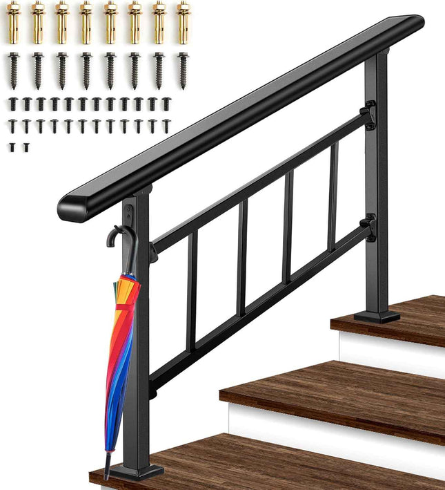 Newly Upgraded 2-3 Steps Handrails for Outdoor Steps, Black Wrought Iron Handrail for Exterior Steps, Transitional Hand Rails with Safety Balusters, Hook and Installation Kit for Porch, Deck, Stairs https://a.co/d/0gc5jtw3
