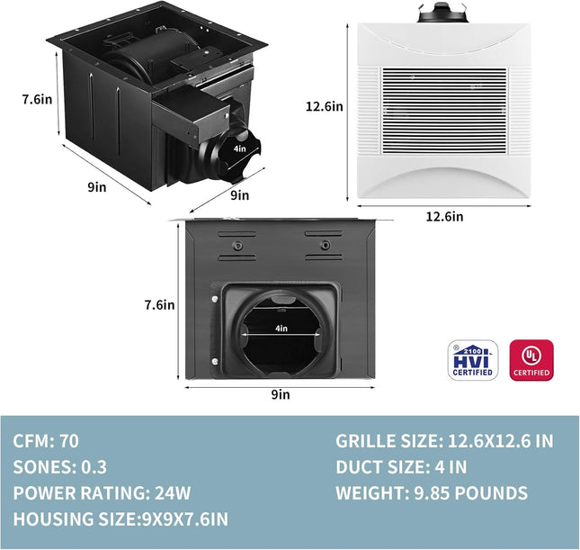 Tech Drive Super-Quiet 70 CFM, 0.3 Sone Bathroom Ventilation and Exhaust Fan (70