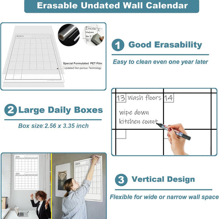 2 Month Dry Erase Calendar For Wall,24"x36" Large 60 Day Erasable & Reusable Wal