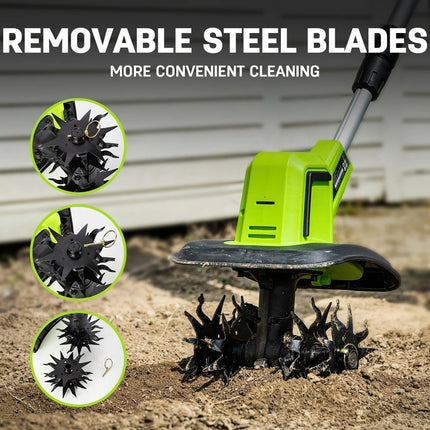 Steelite 21V 9 in Electric Cordless Tiller, 360 RPM Garden Cultivator with 2 x 2.0Ah Batteries & Charger
