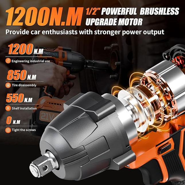 Cordless Impact Wrench, 900Ft-lbs (1200N.m) 1/2" Brushless Impact Gun, 21V High