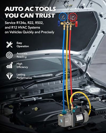 Orion Motor Tech AC Vacuum Pump and Gauge Set, 1/4 hp 3.5 cfm Vacuum Pump Manifo