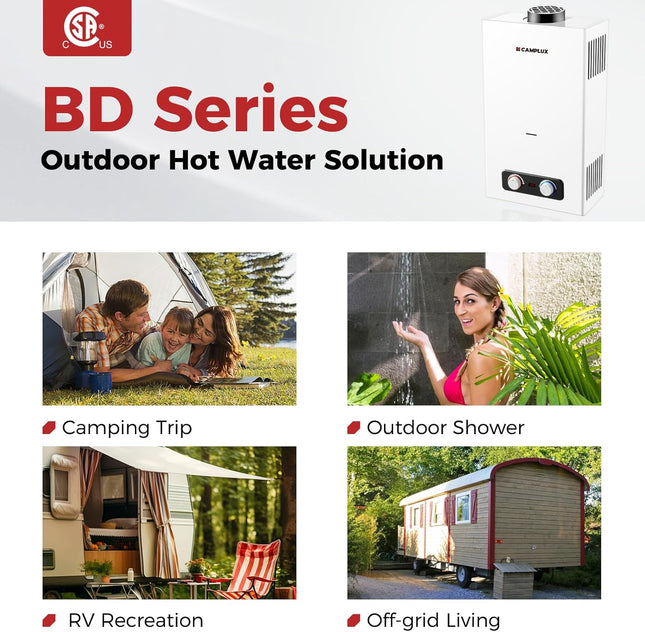 Camplux 10L Outdoor Portable Gas Water Heater, Tankless Propane Water Heater wit