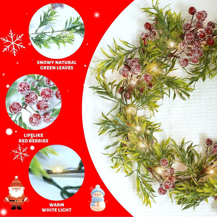 Christmas Garland with Light,Lighted Snowy Red Berries Holly Leaves Garland for