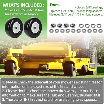 AR-PRO (2 Pack) 13 x 5.00-6 Flat Free Tire and Wheel, Replacement Solid Lawn Mow