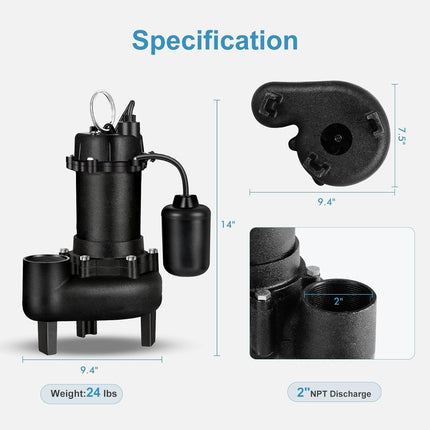 TONGCHANT 110V 1HP 5220GPH Cast Iron Submersible Sewage/Effluent Pump with Ajust