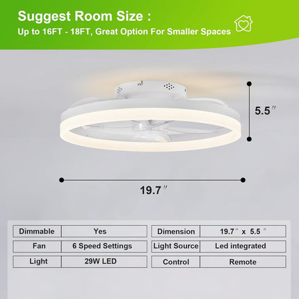 Leoezya Modern Flush Mount Low Profile Ceiling Fans with Lights and Remote, 6 Sp