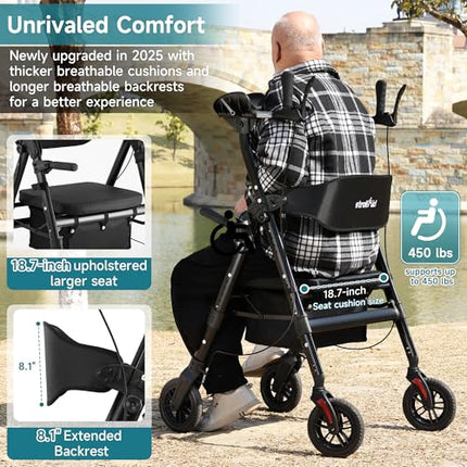 StrollAid Upright Walkers for Seniors, Stand Up Rollator Walker with Padded Seat