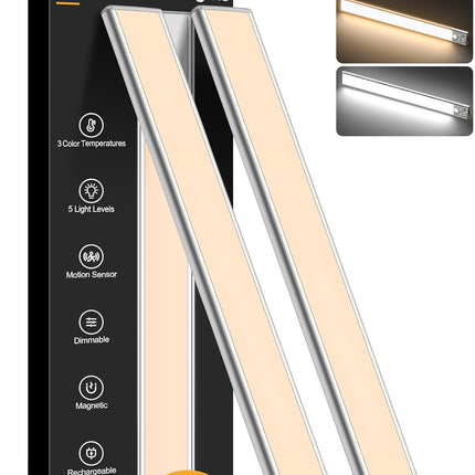 (NO MAGNETS) Gritin 14.7inch Under Cabinet Lighting Rechargeable 2 Pack-3 Color