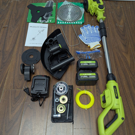INCOMPLETE LAYUNI 21V Brushless Cordless Weed Wacker, 4-in-1 Trimmer & Edger with 2 x 3.0Ah (No String Holder)