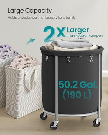SONGMICS 50.2-Gallon (190 L) Laundry Basket with Wheels, Rolling Round Heavy-Dut