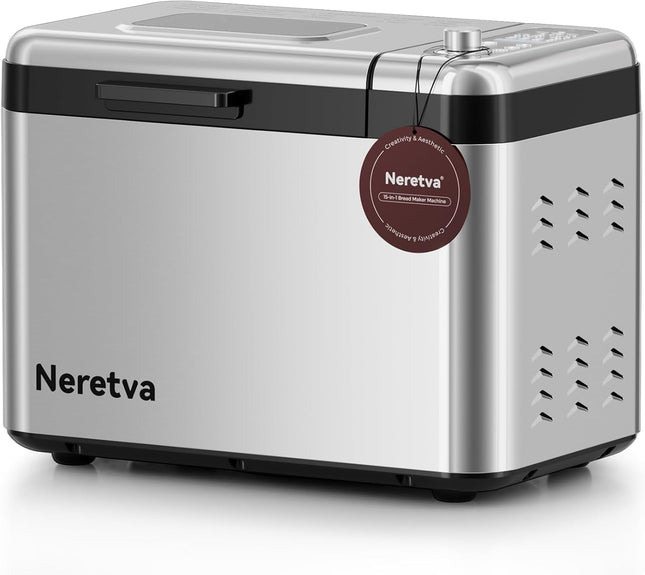 Neretva Bread Maker, 3.3LB Larger Bread Machine 15-in-1 Stainless Steel & Nonsti